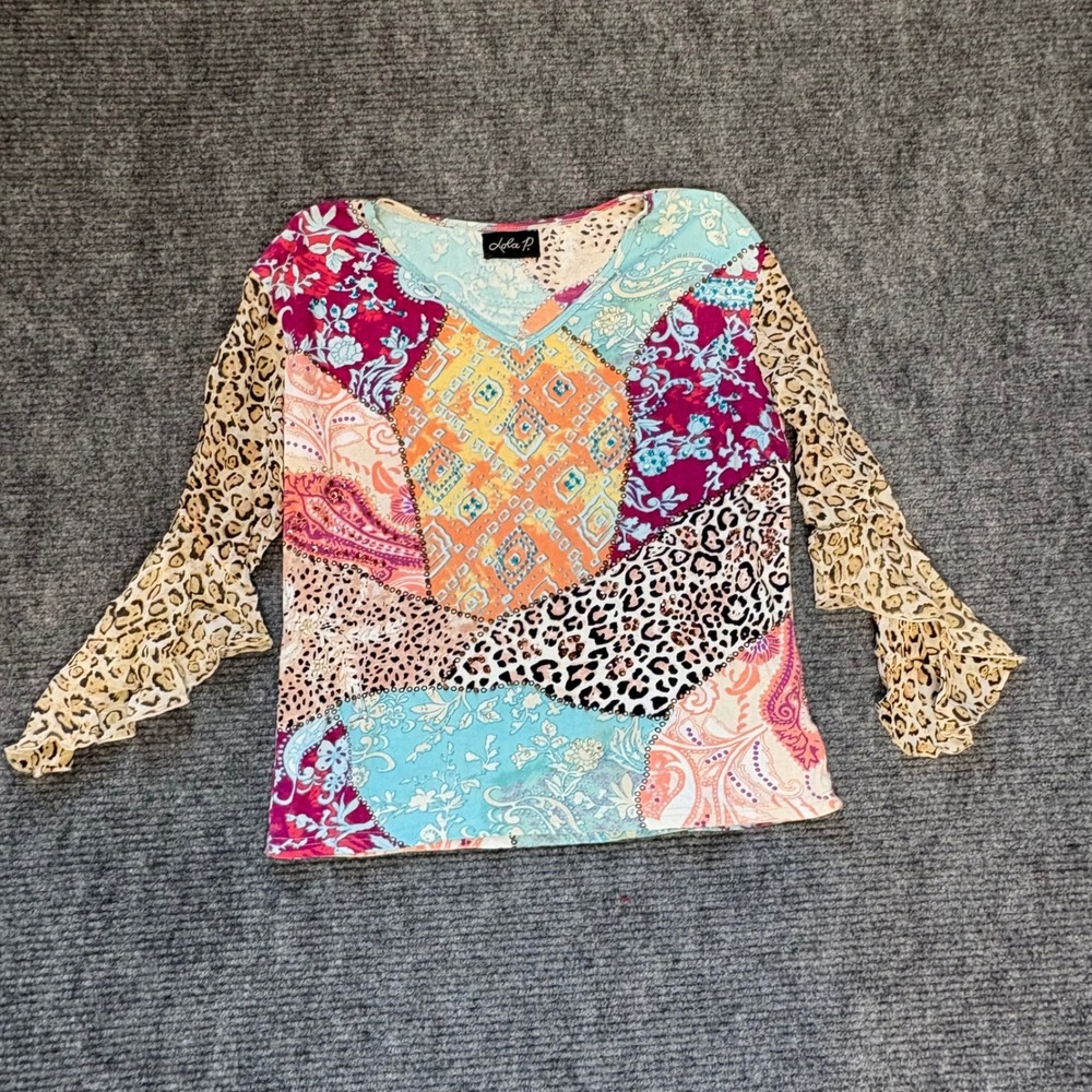 Lola P Patchwork Boho Top Womens Bell Sleeve Animal Print Embellished